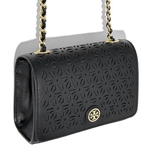 Tory Burch Black Laser Cut Leather Robinson Shoulder Bag NWOT